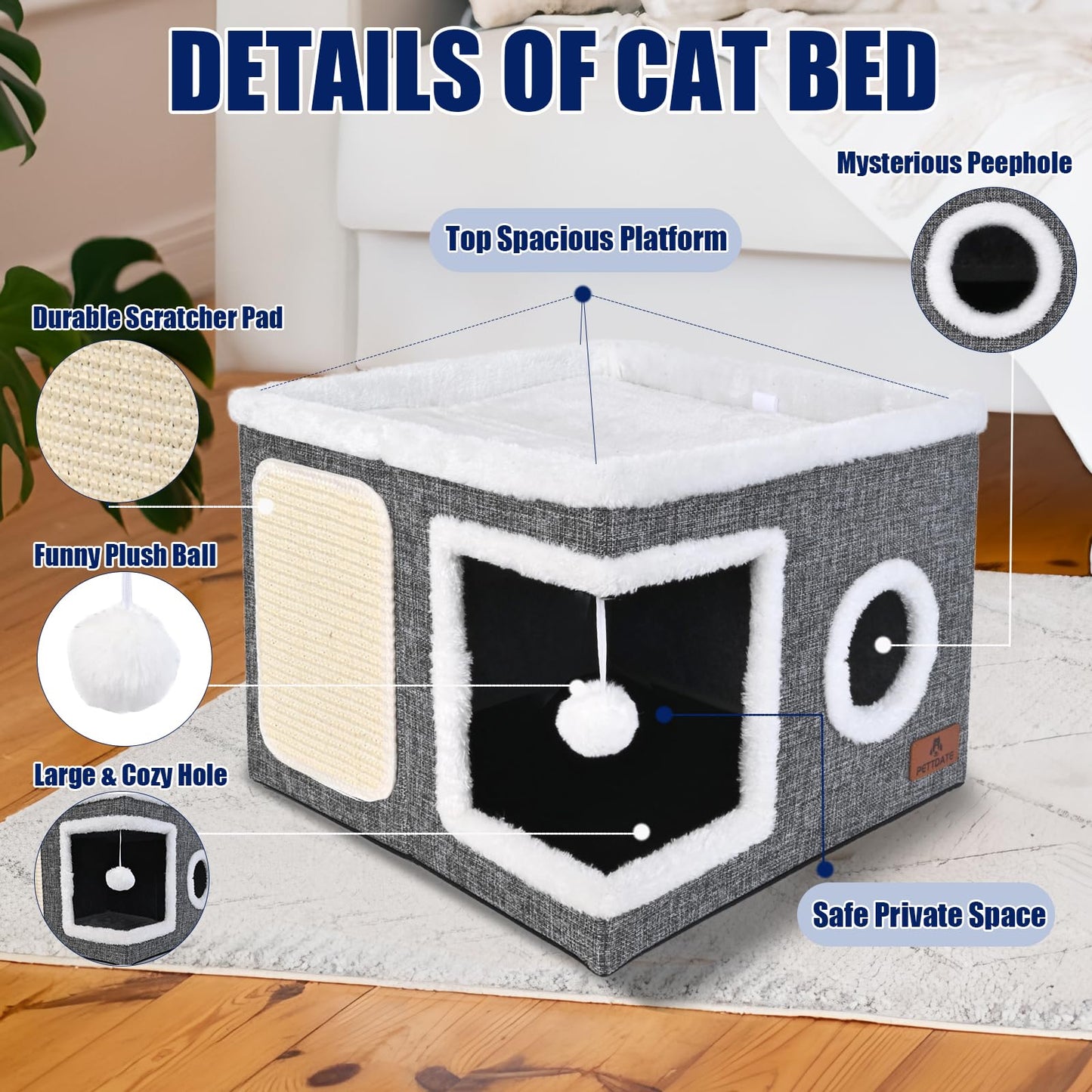 Cat Beds for Indoor Cats, Large Cat Cave Bed with Scratch Pad Bed