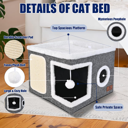 Cat Beds for Indoor Cats, Large Cat Cave Bed with Scratch Pad Bed