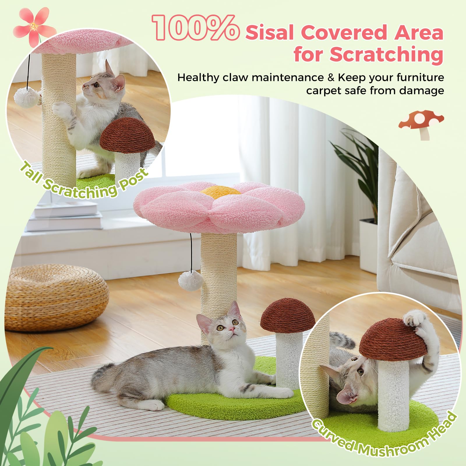PETEPELA Cat Scratching Post, Mushroom Cat Scratcher Cute Cat Tree