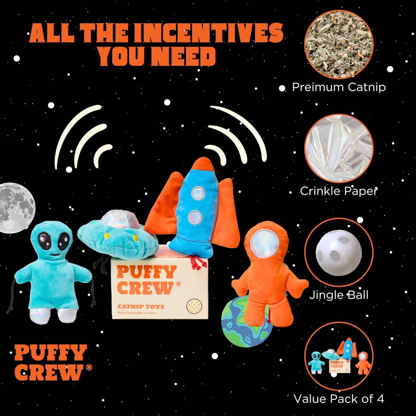 Puffy Crew Interactive Catnip Cat Plush Toy, Space Travel Catnip