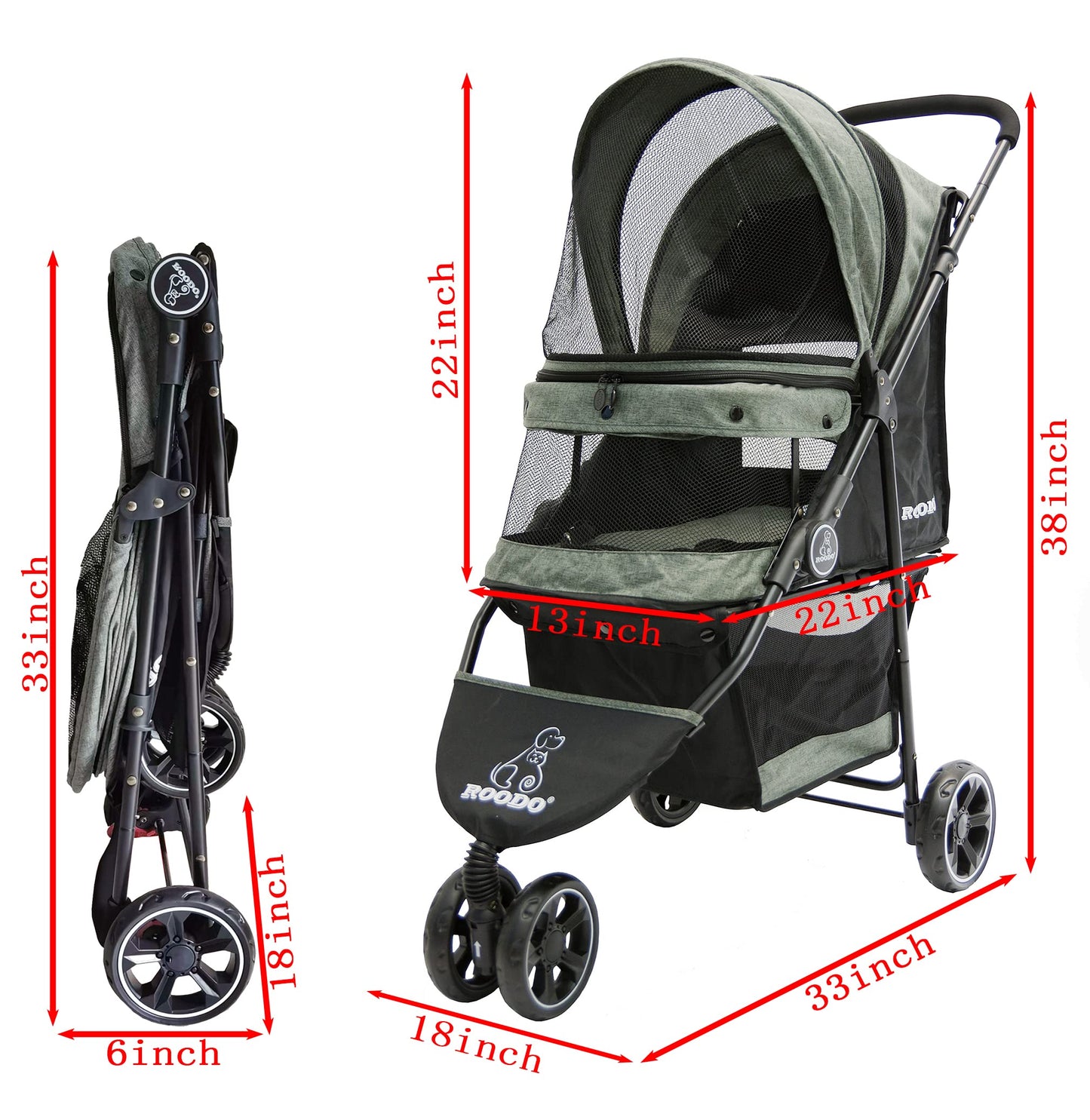 ROODO 3 Wheel Dog Pet Cat Stroller Best Lightweight Foldable Stroller