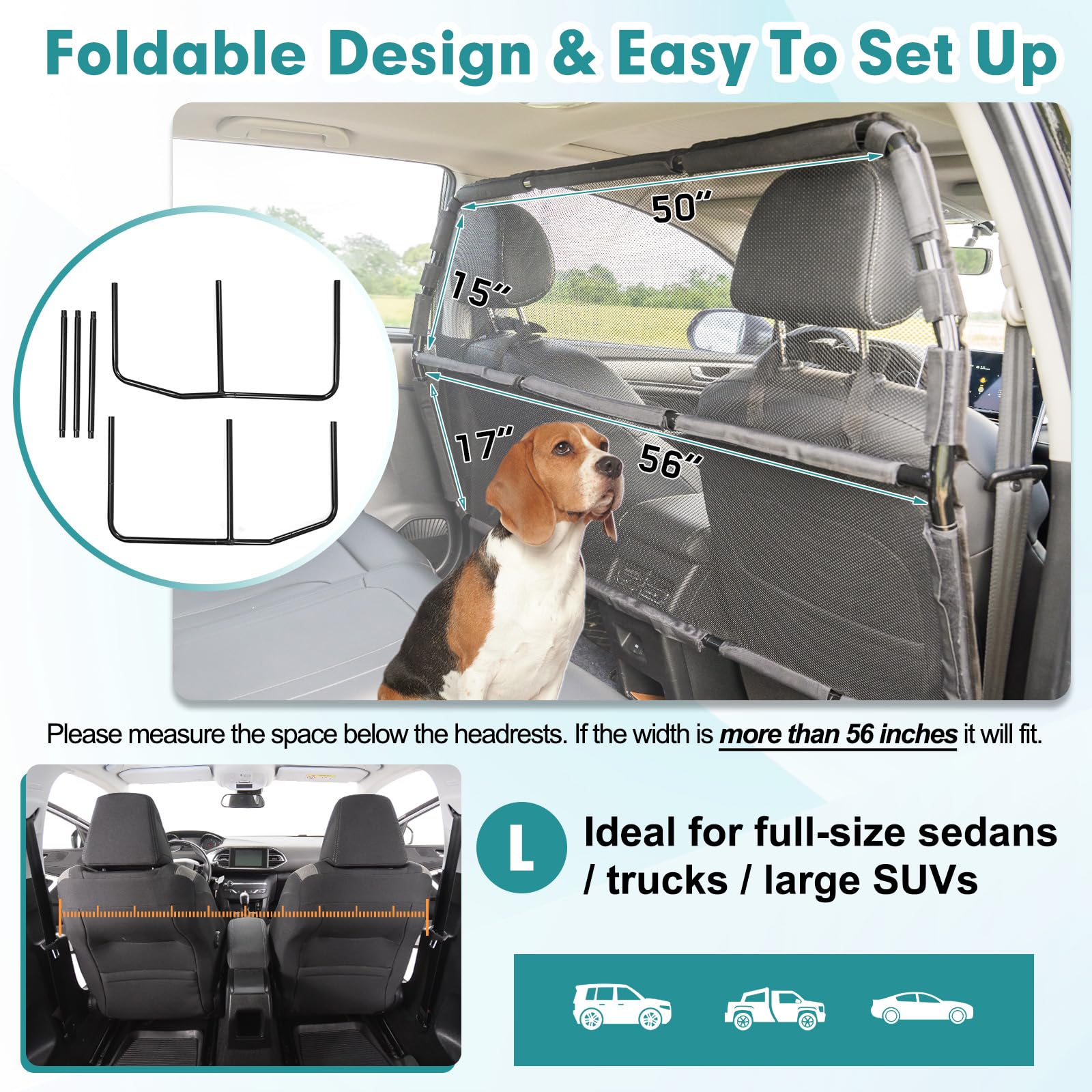 Dog Car Barrier Escape-Proof, 56" Wide Divider for 2nd 3rd Row Seat