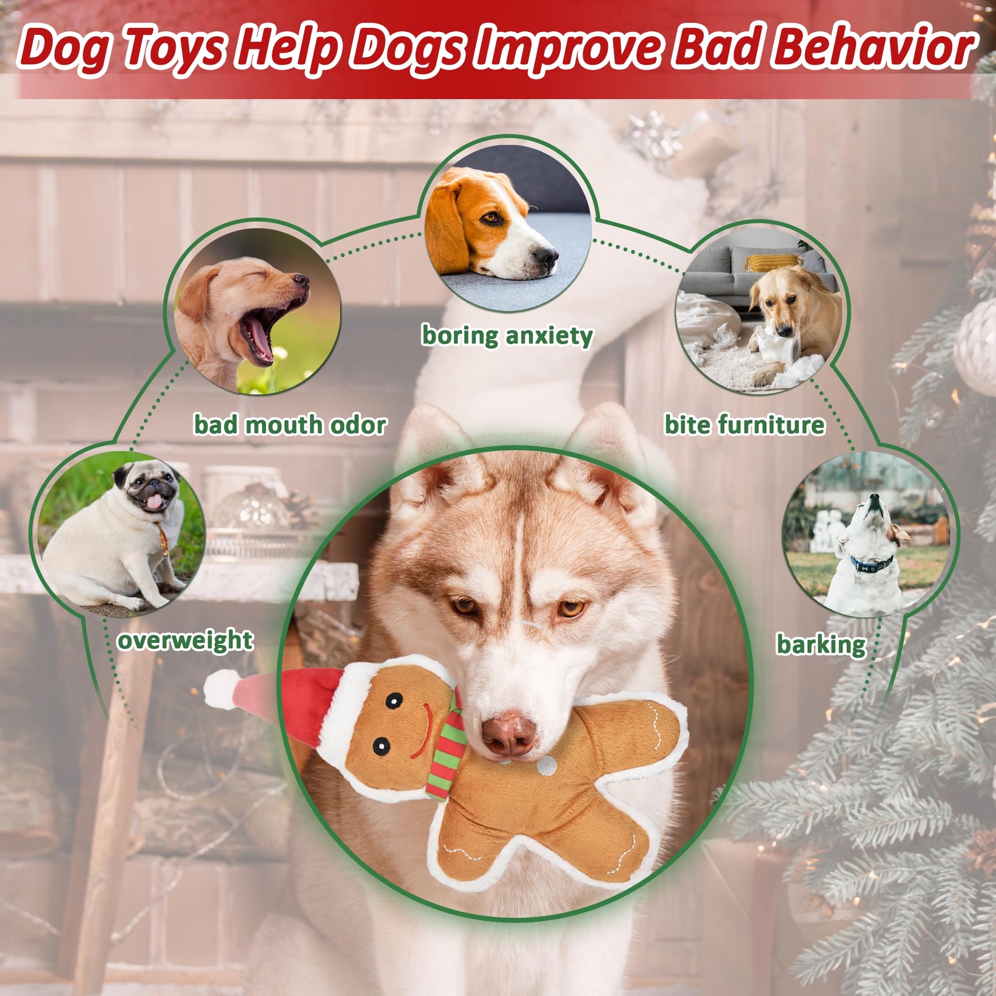 LECHONG Christmas Dog Toys, 4pcs Stuffed Dog Squeaky Toys for Toys