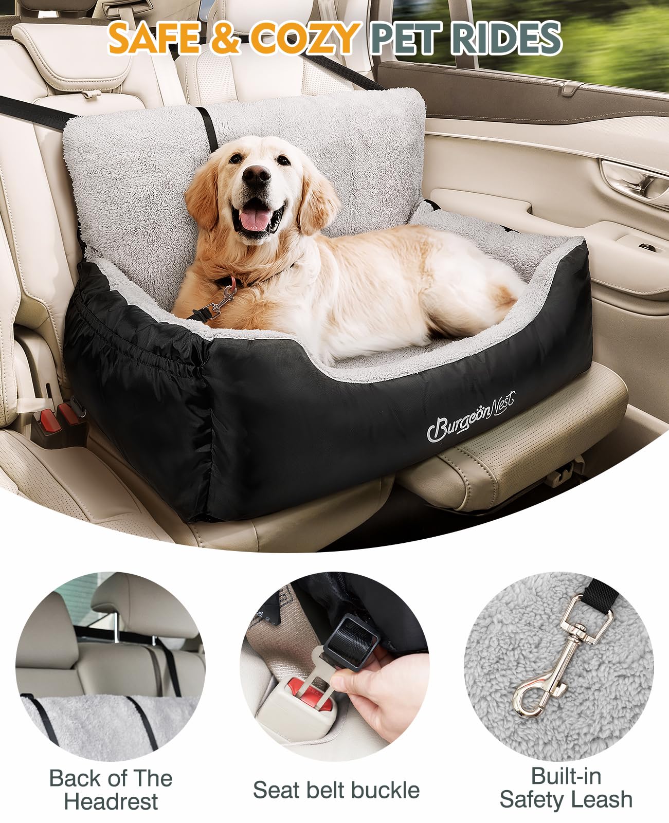 BurgeonNest Dog Car Seat for Medium/Large Dogs Under Soft Pet Car Seat