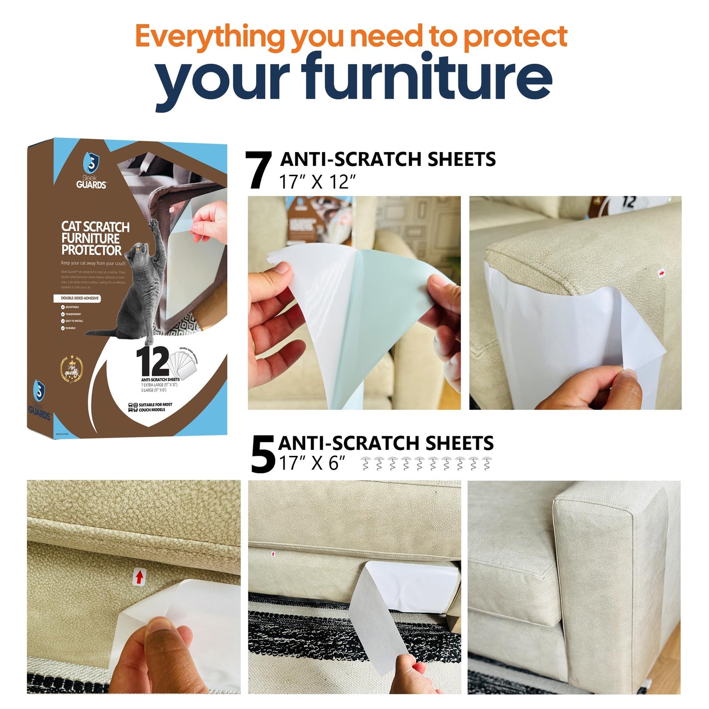 Cat Scratch Furniture Protector, 12-Pack Double-Sided Couch Furniture