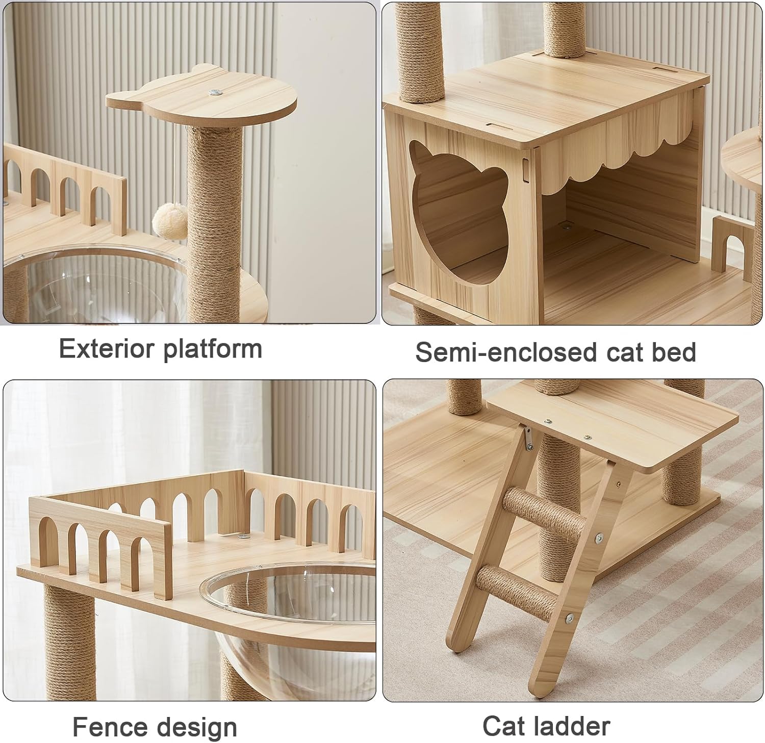 54-Inch Cat Tower,Multi-Level Pure Wood-Modern Cat Tree Tower Toy