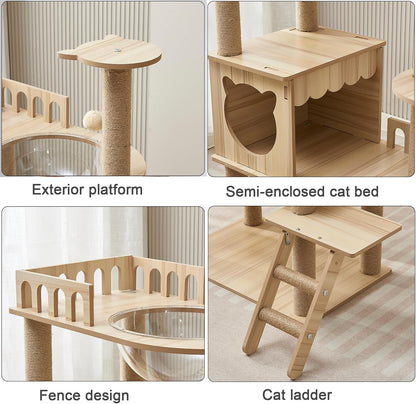 54-Inch Cat Tower,Multi-Level Pure Wood-Modern Cat Tree Tower Toy