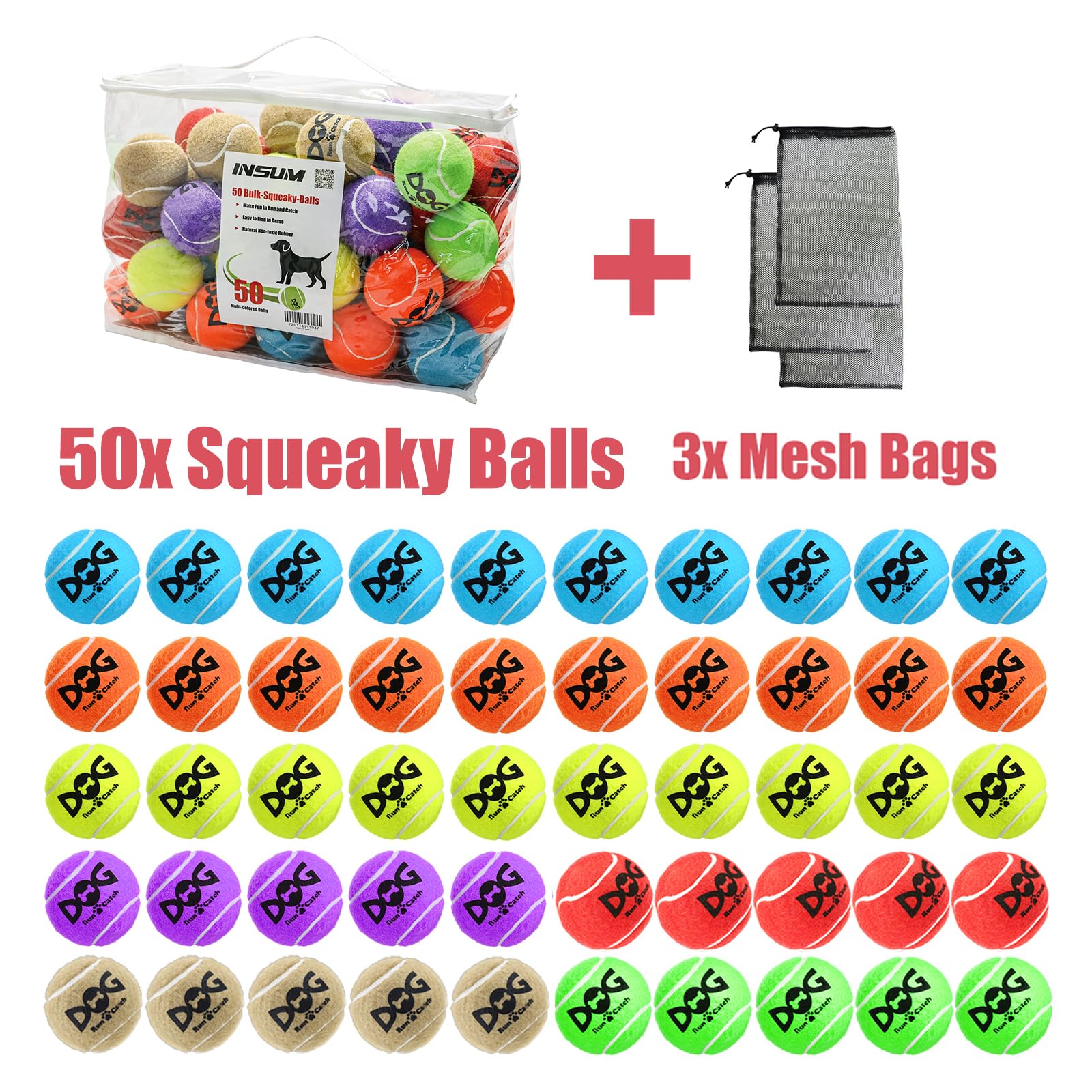 INSUM Squeaky Tennis Balls for Dogs Bulk 50 Pack 2.5'' Durable Balls