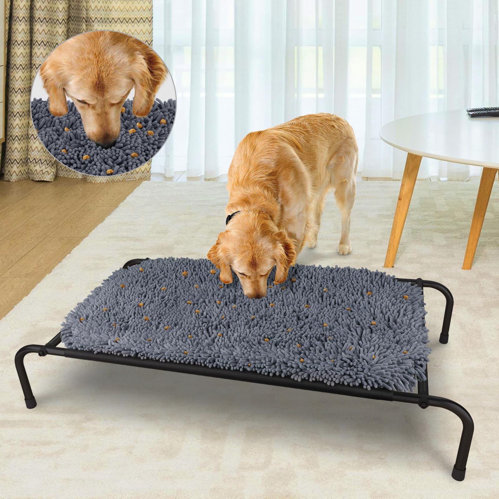Rundik Elevated Dog Bed with Snuffle Mat Feature 1, Raised Dog Game