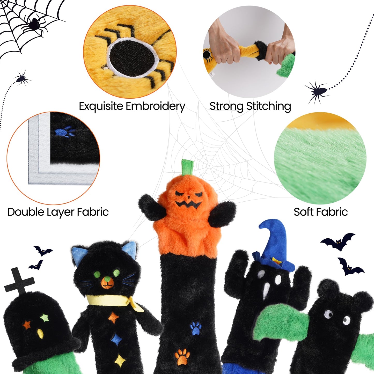 Nocciola 5 PCS Halloween Dog Squeaky Toys, No Stuffing Plush Dog Toys