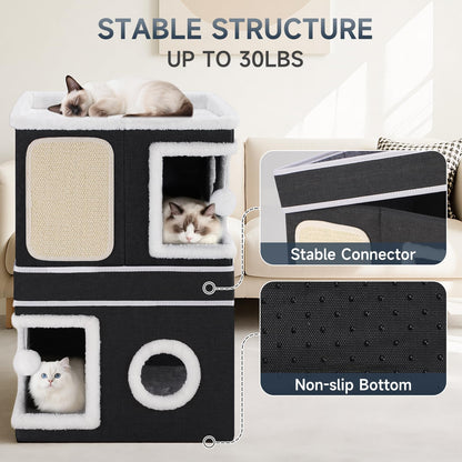 2-Storey Cat House for Indoor Cats, Separate Into 2 Large Cat Bed Cave