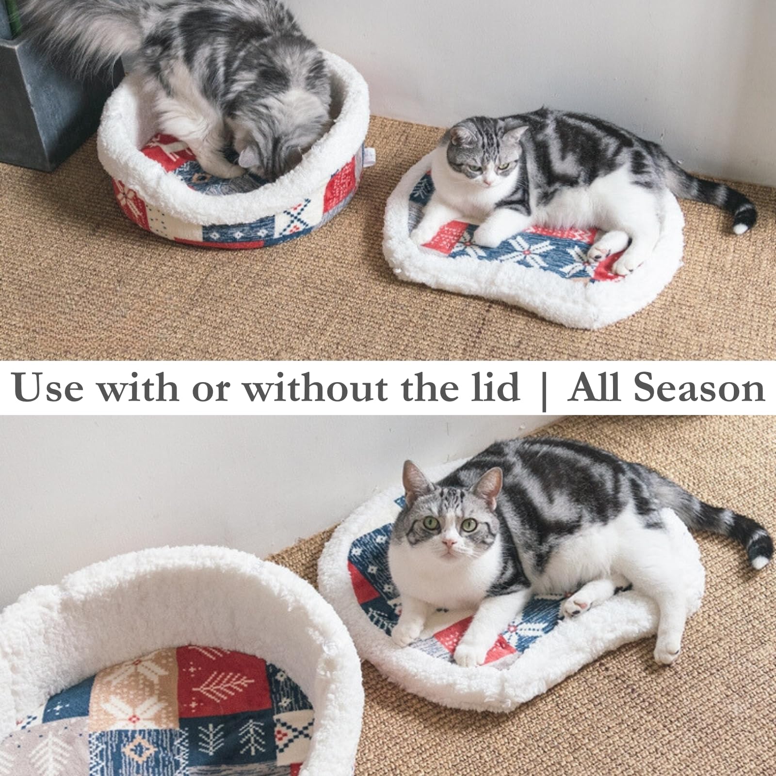 Cat Cave Bed Plush, Warm Calming Hideaway with Detachable Lid Mat