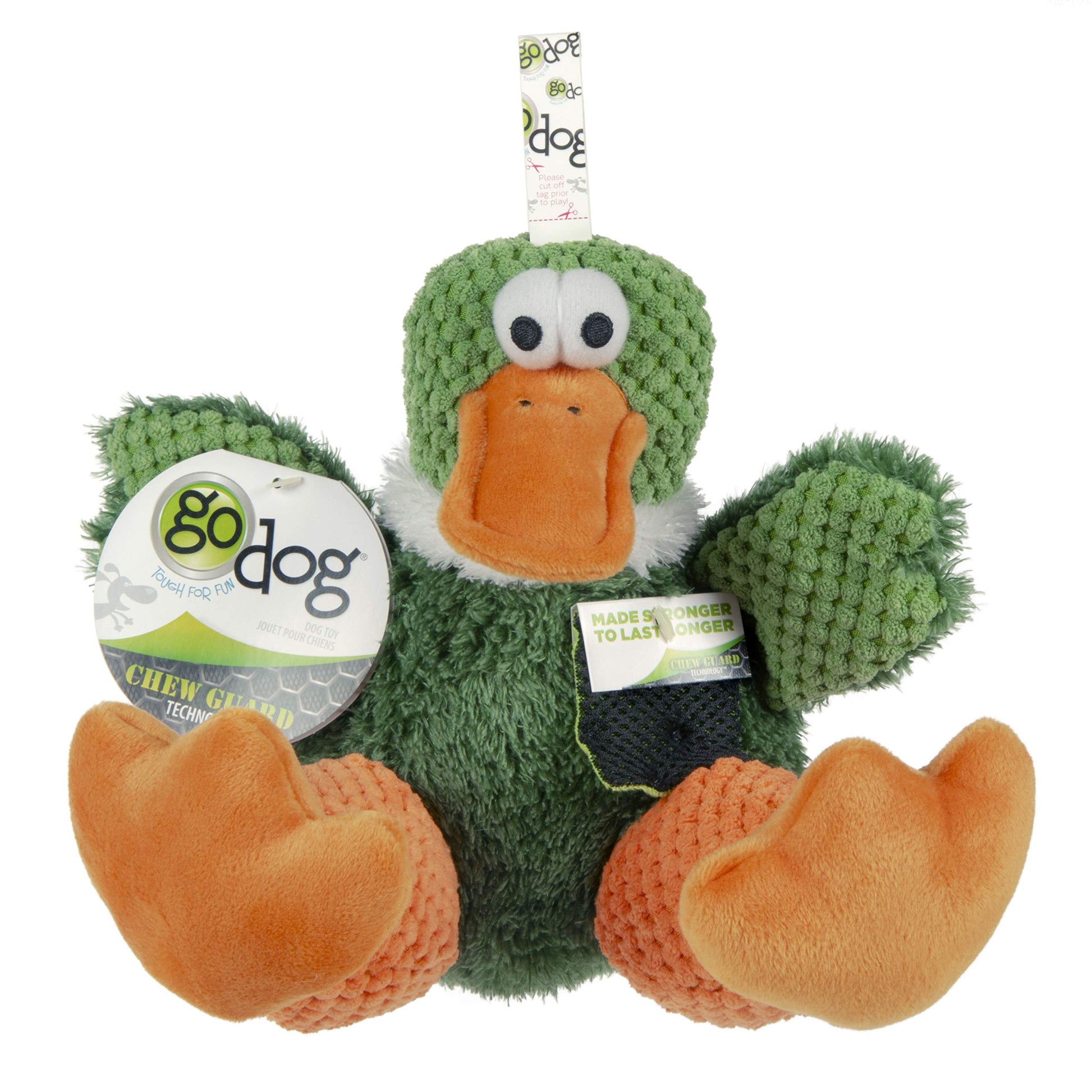 goDog Checkers Sitting Duck Squeaky Plush Dog Toy, Chew Guard Plush