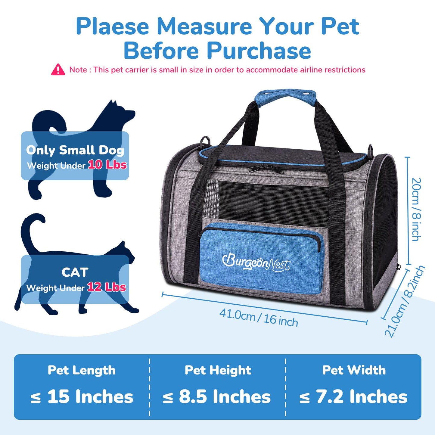 BurgeonNest Cat Carrier, Airline Approved Dog Carrier, Soft Sided Bag