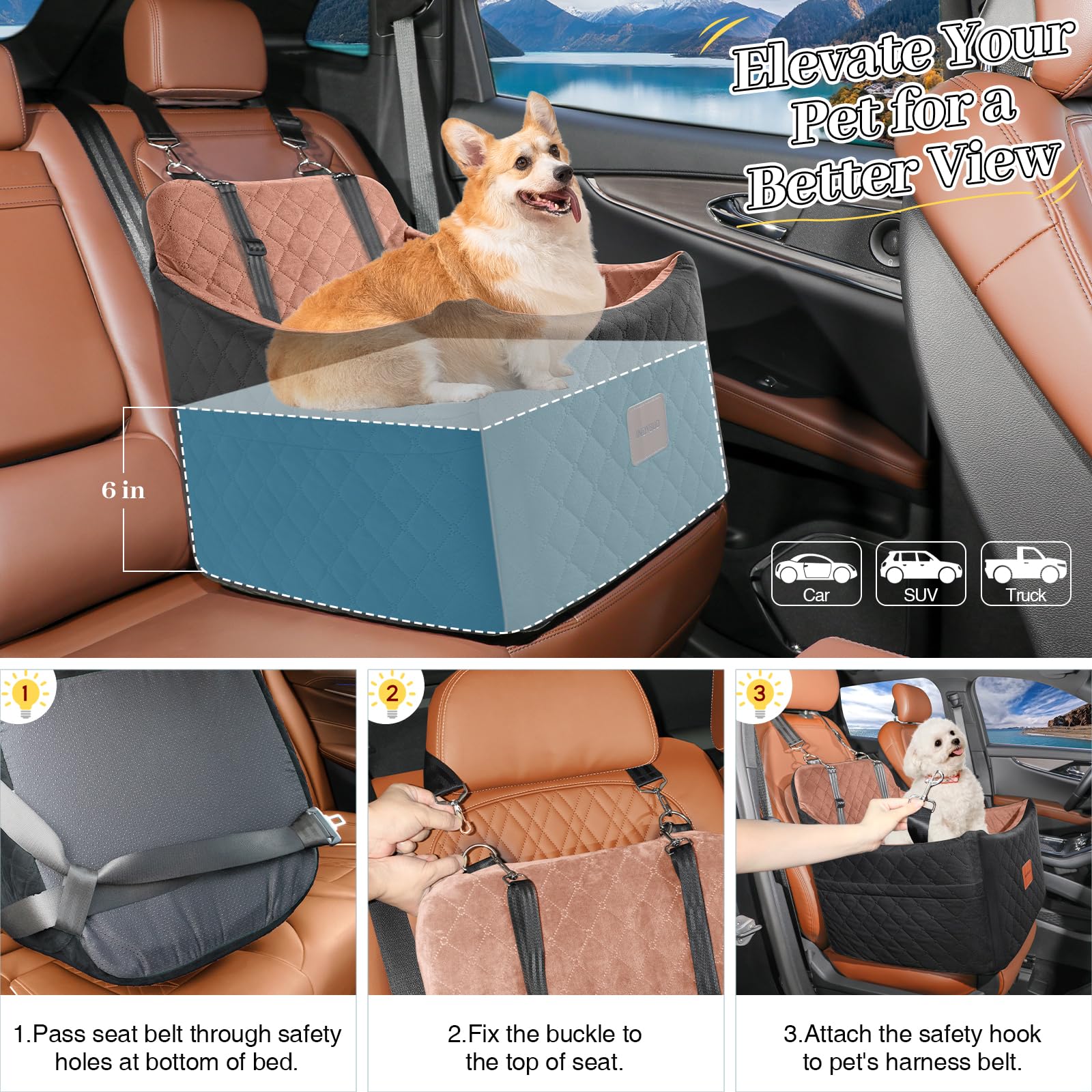 INDYBUD Dog Car Seat for Small/Medium Dogs, Memory Foam Dog Seat
