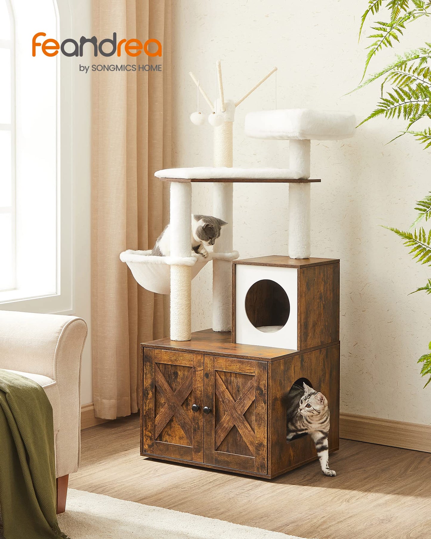 Feandrea Cat Tree with Litter Box Enclosure, 59-Inch Modern Cushion