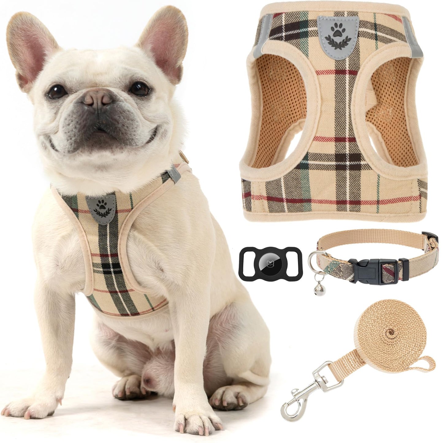 EXPAWLORER Plaid Small Dog Harness and Leash Set with AirTag Collar