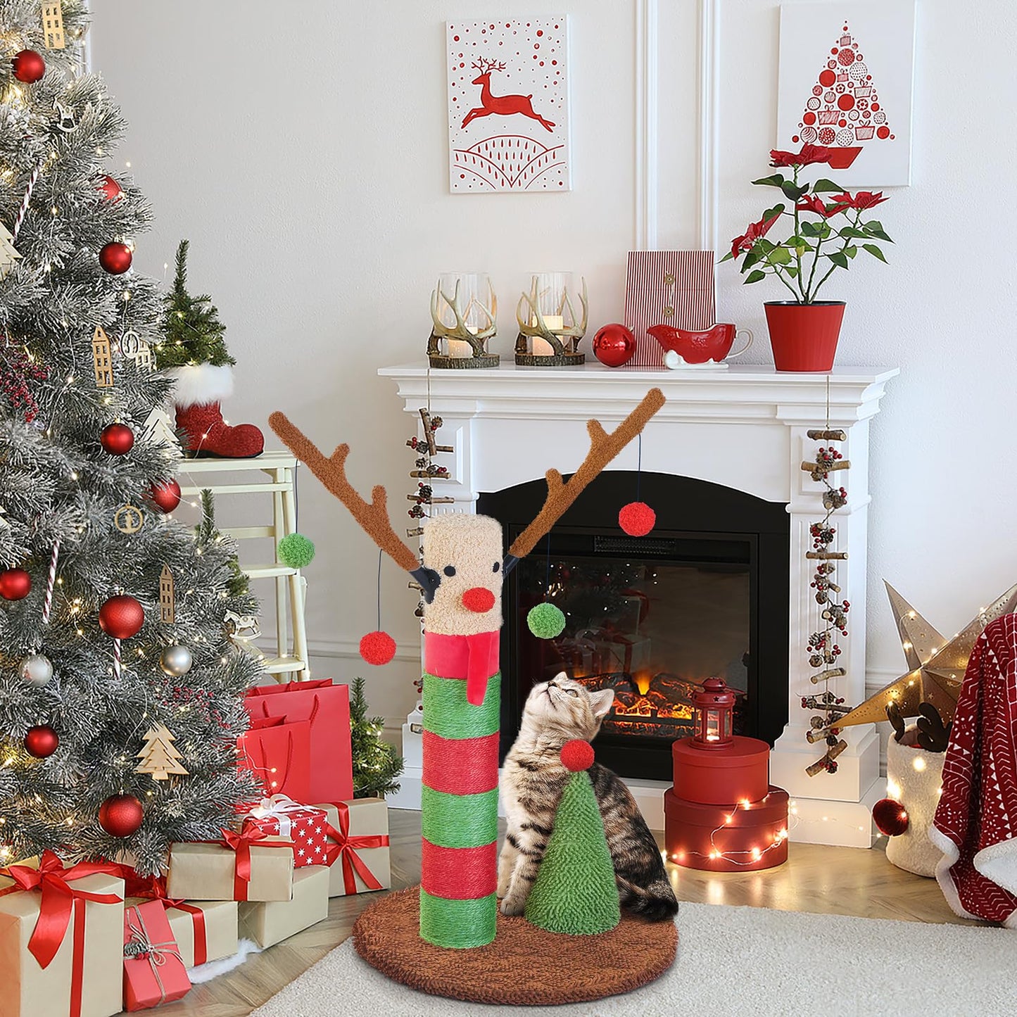 BOLUO Christmas Cat Scratching Post Deer Cat Trees for Adult Teaser