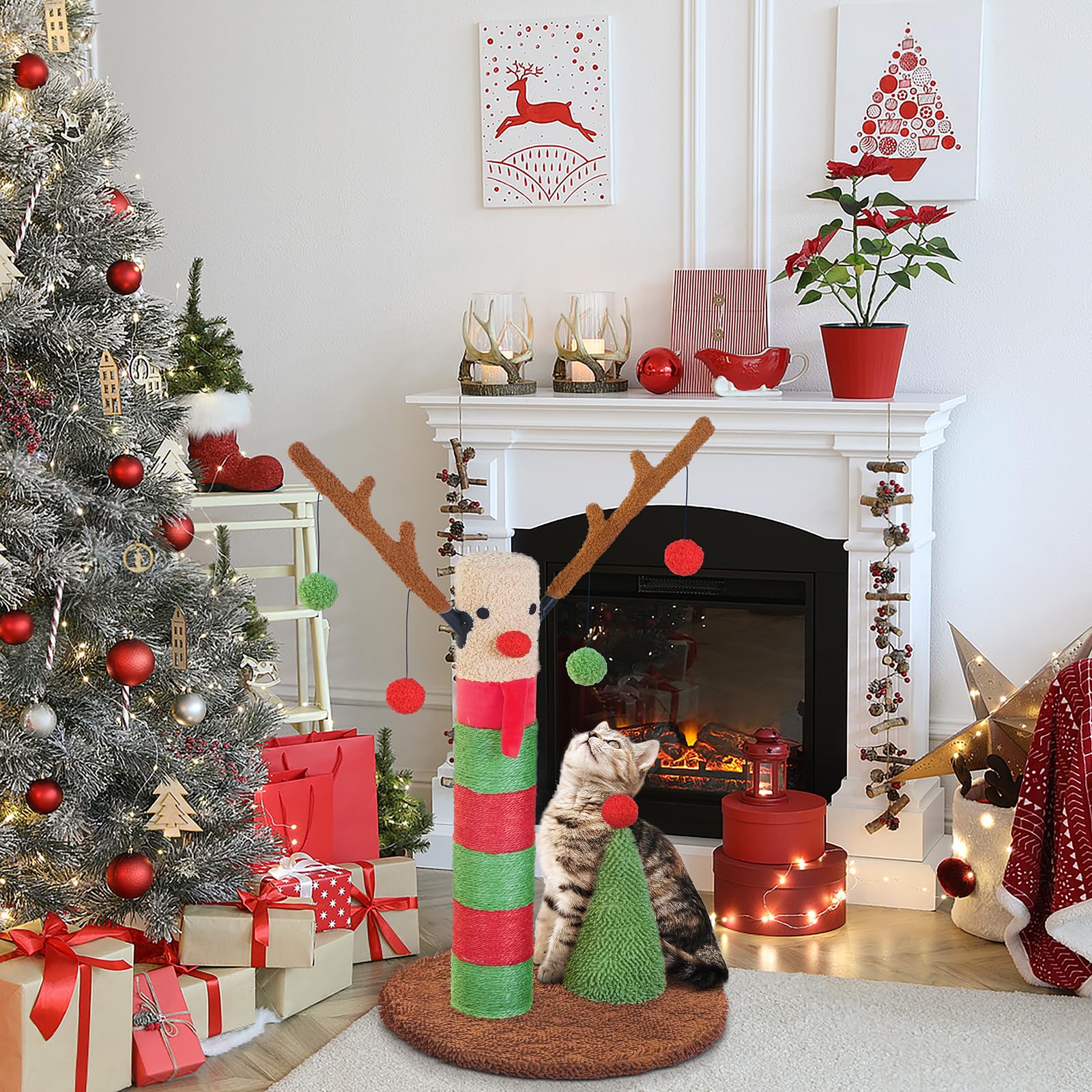 BOLUO Christmas Cat Scratching Post Deer Cat Trees for Adult Teaser
