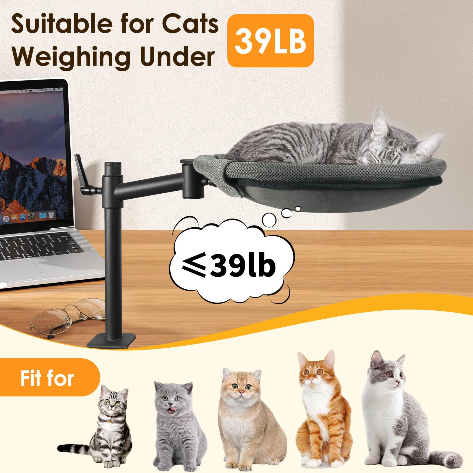 Crazydeer Cat Desk Bed, 360° Rotating Height Adjustable Desk Cat Bed
