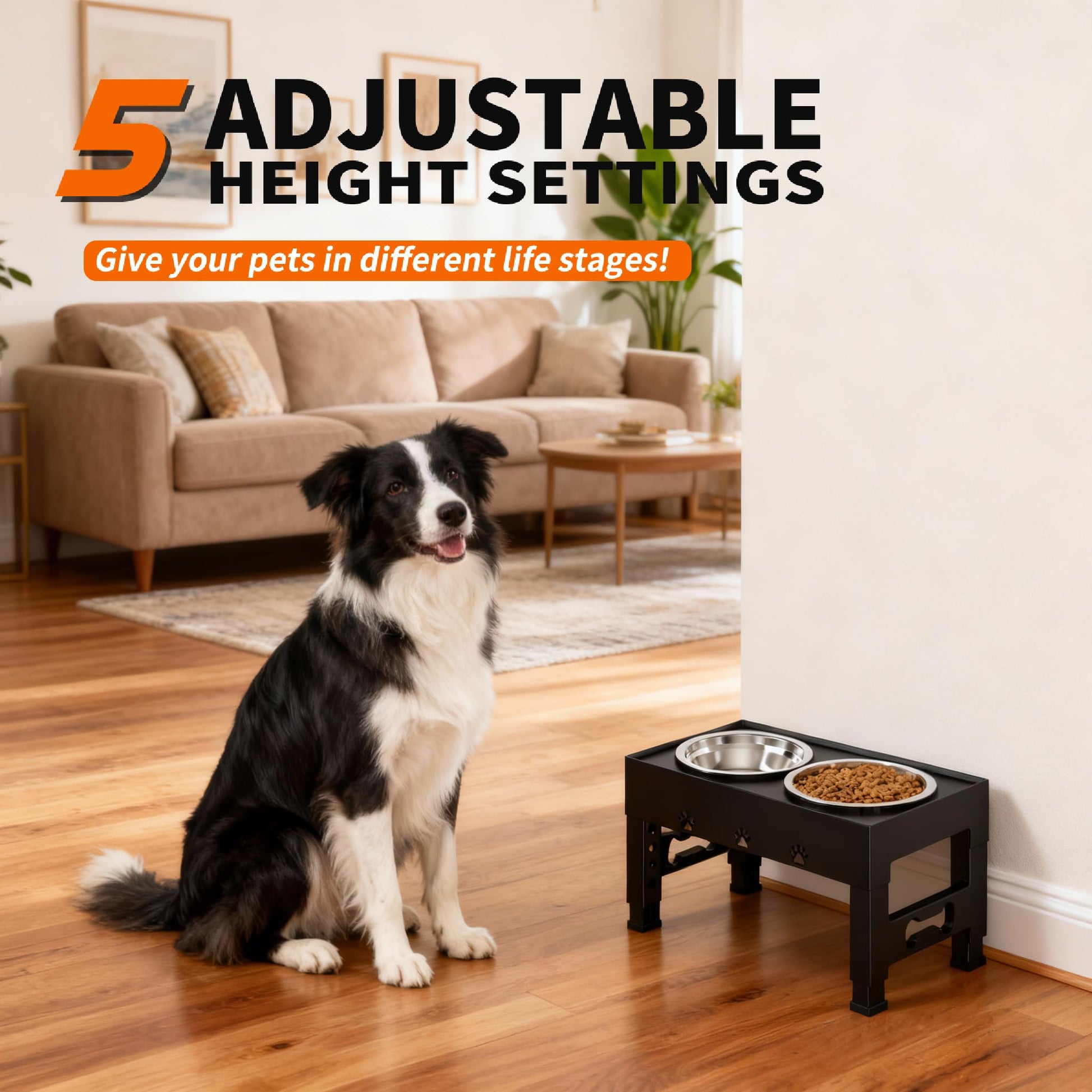Elevated Dog Bowls with 2 Stainless Steel Bowls, 5-Height Feeder