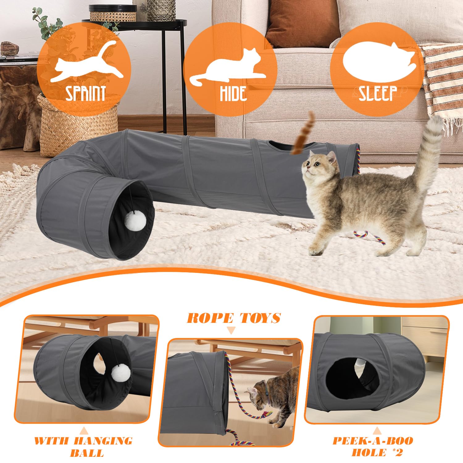 Cat Tunnel, 2-Way Collapsible Cat Tube with Interactive Tunnel