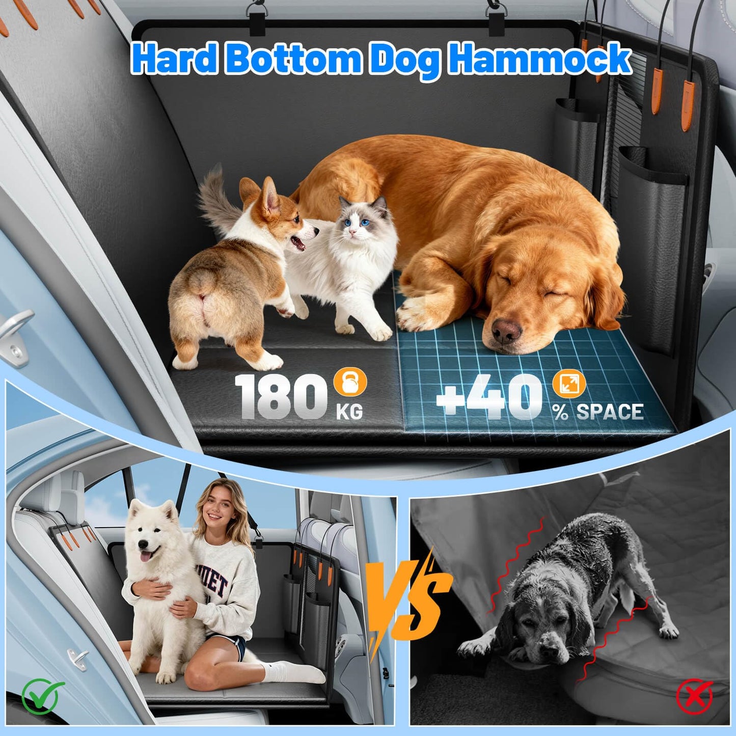 Dog Car Seat Cover for Back Seat with Hard Bottom, PU Leather Seat