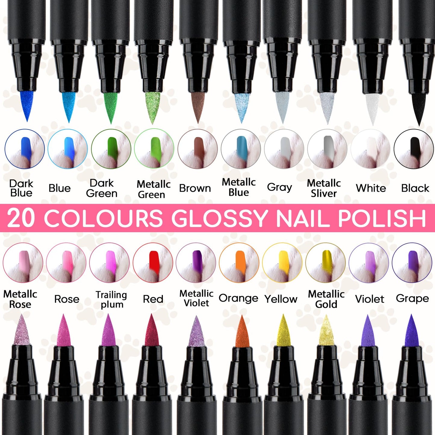 OLINGYOU Dog Nail Polish， Dog Nail Polish Pens Quick Dry-20 Colors Set
