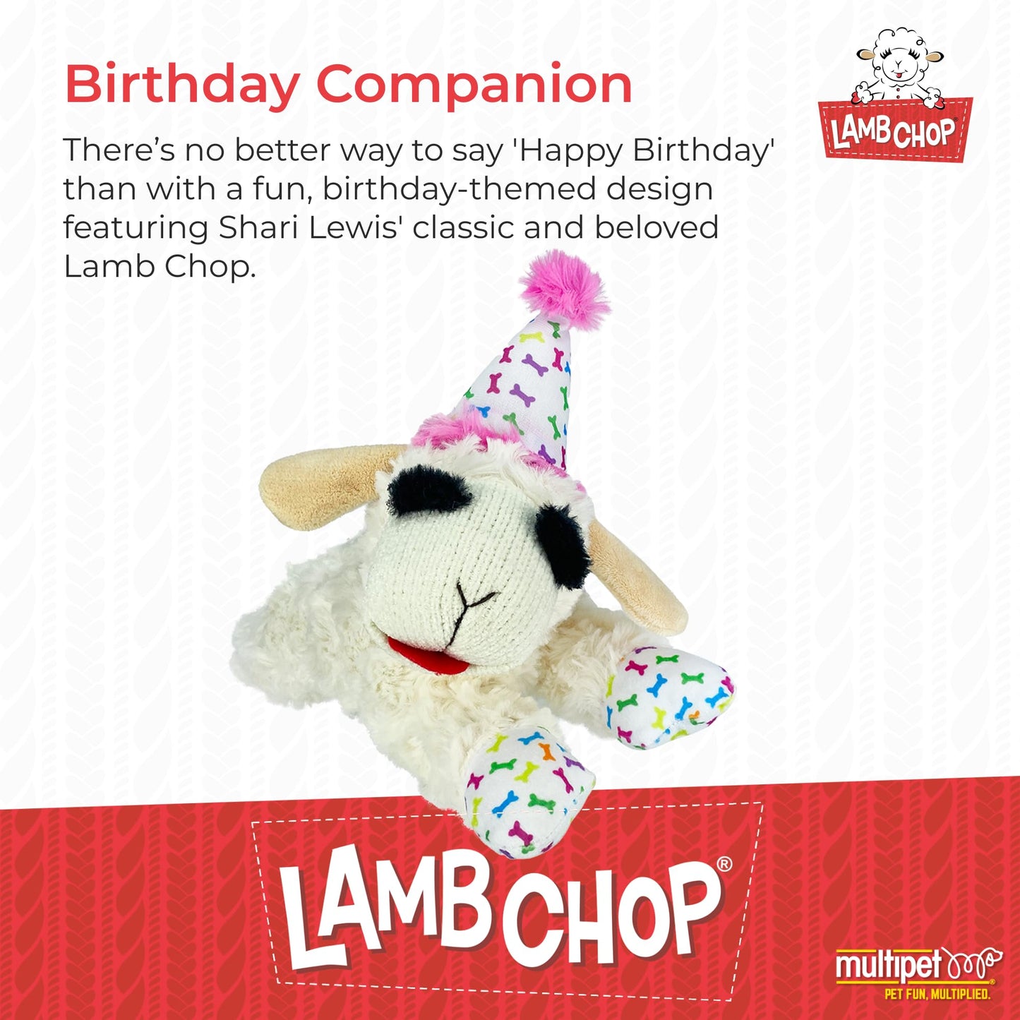 Multipet Lamb Chop Dog Plush Toy w/Birthday Hat Squeaky Toy for Plush