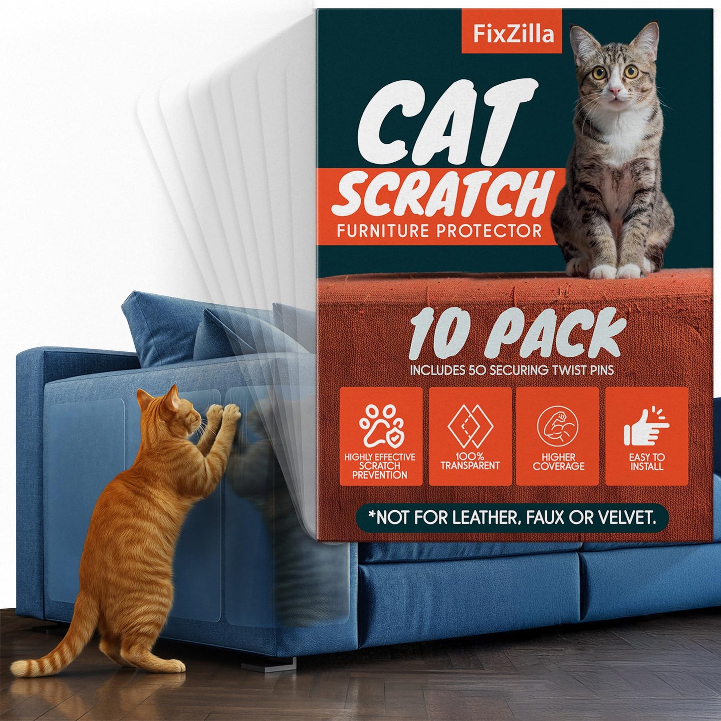 FixZilla Anti Cat Scratch Furniture Protector, 10-Pack Couch Furniture