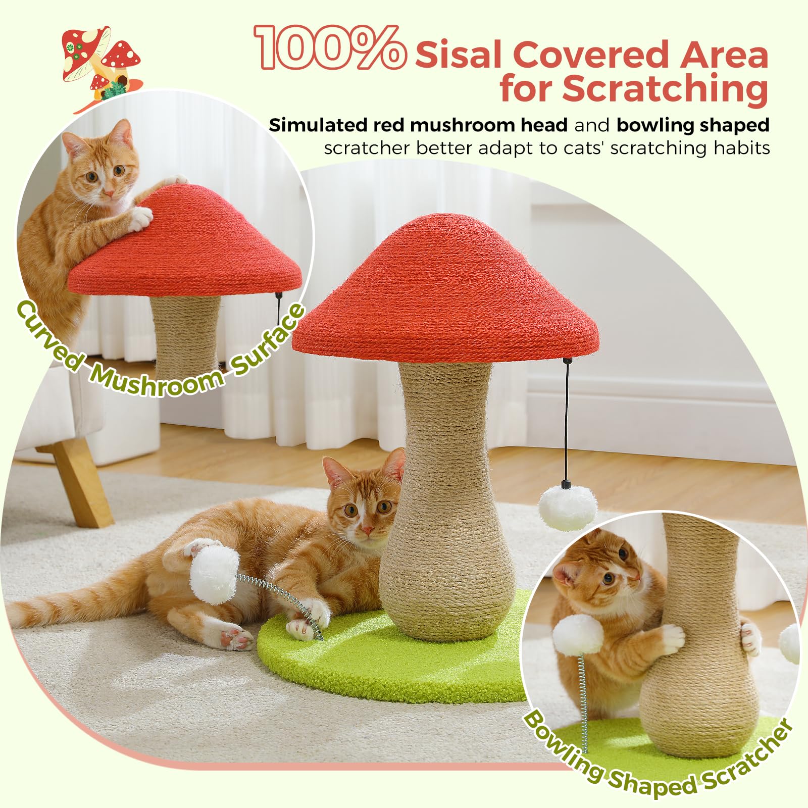 PETEPELA Mushroom Cat Scratching Post, Cat Scratcher Cute with Toy