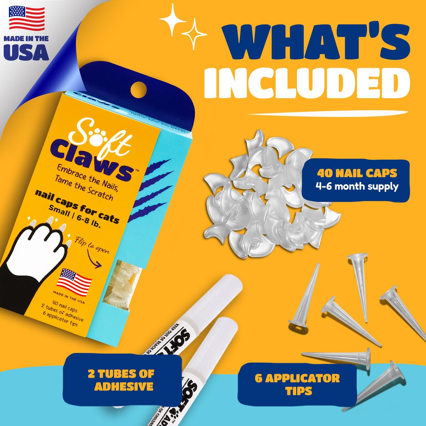 Soft Claws Cat Nail Caps for Small Cats-(40 Caps, Sparkle)-Made