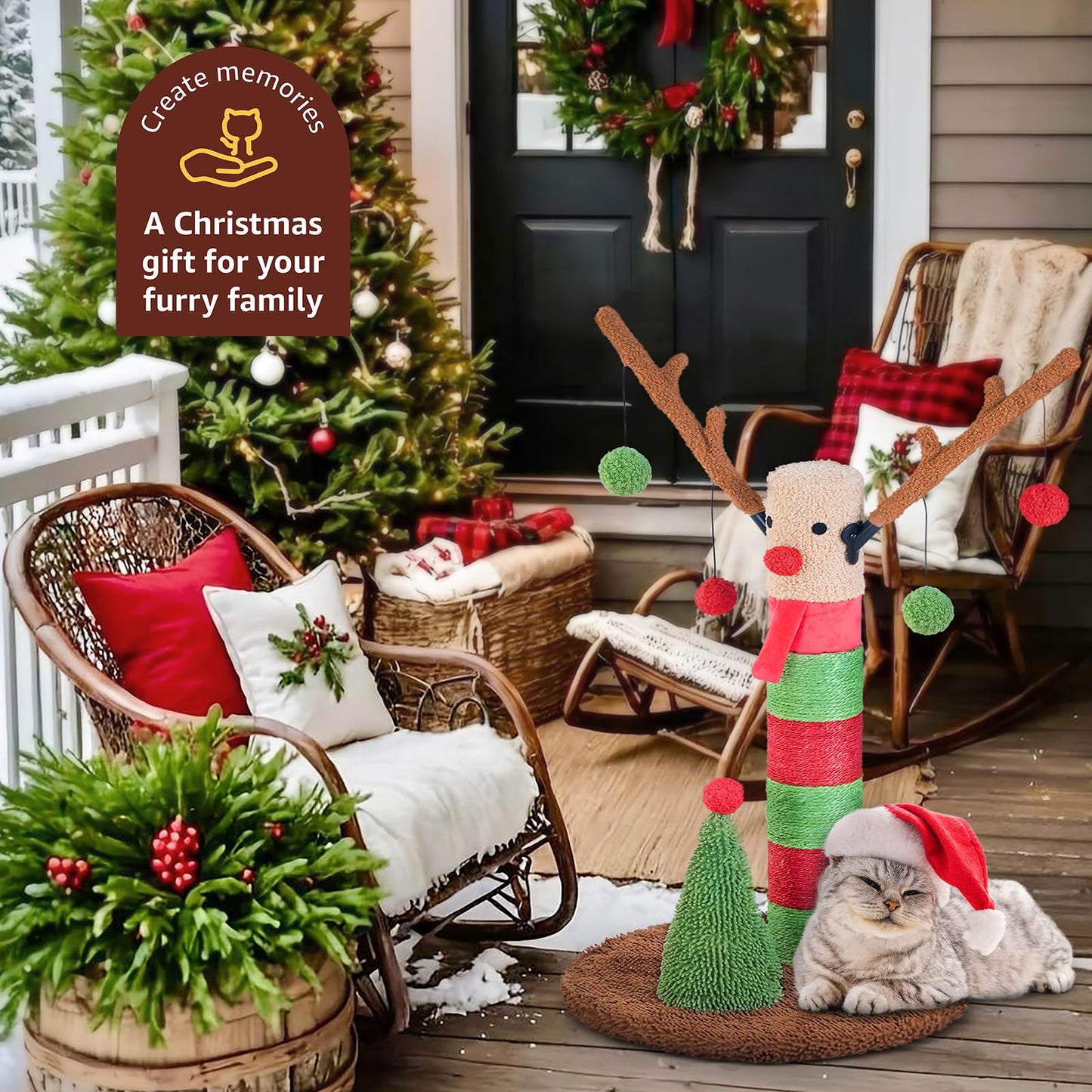 BOLUO Christmas Cat Scratching Post Deer Cat Trees for Adult Teaser