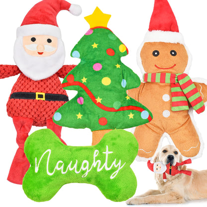 LECHONG Christmas Dog Toys, 4pcs Stuffed Dog Squeaky Toys for Toys