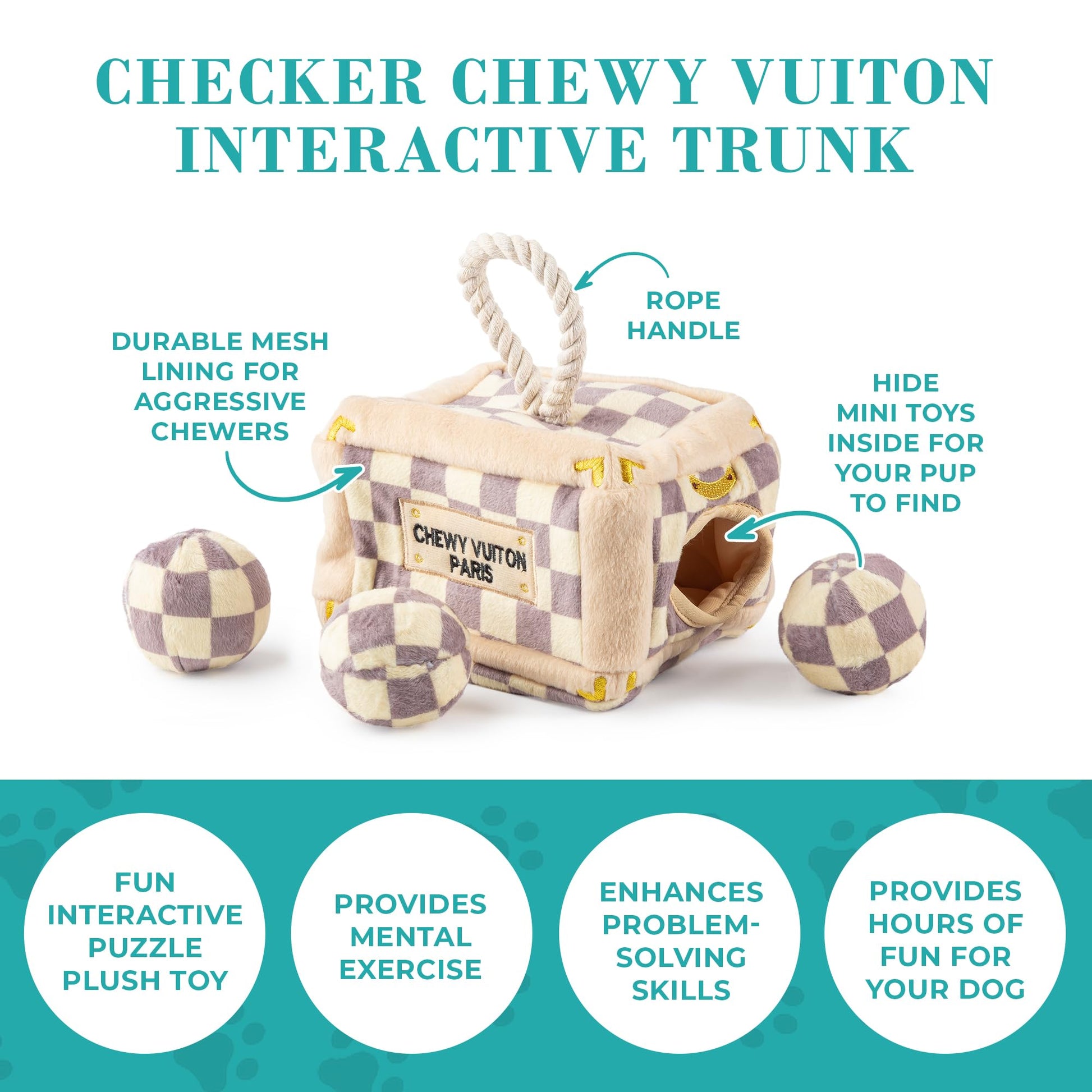 Haute Diggity Dog Chewy Vuiton Trunk Puzzle with 3 Plush Squeaky Plush