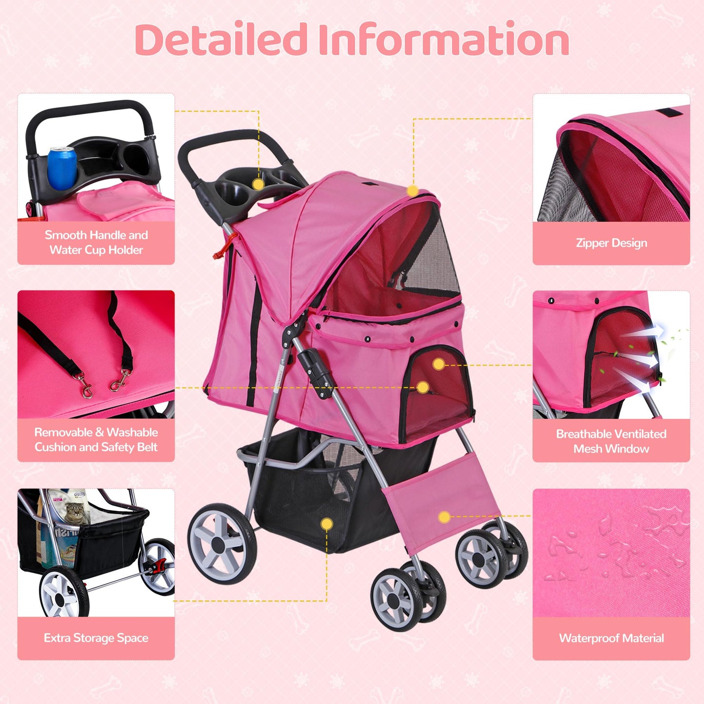 ZENY Foldable Pet Stroller, Cat/Dog Stroller with 4 Wheel, Pet Carrier
