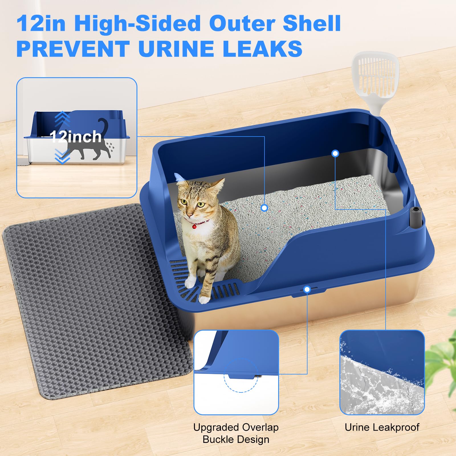 Non-stick Stainless Steel Litter Box, XL Side Opening Splash-Proof Box