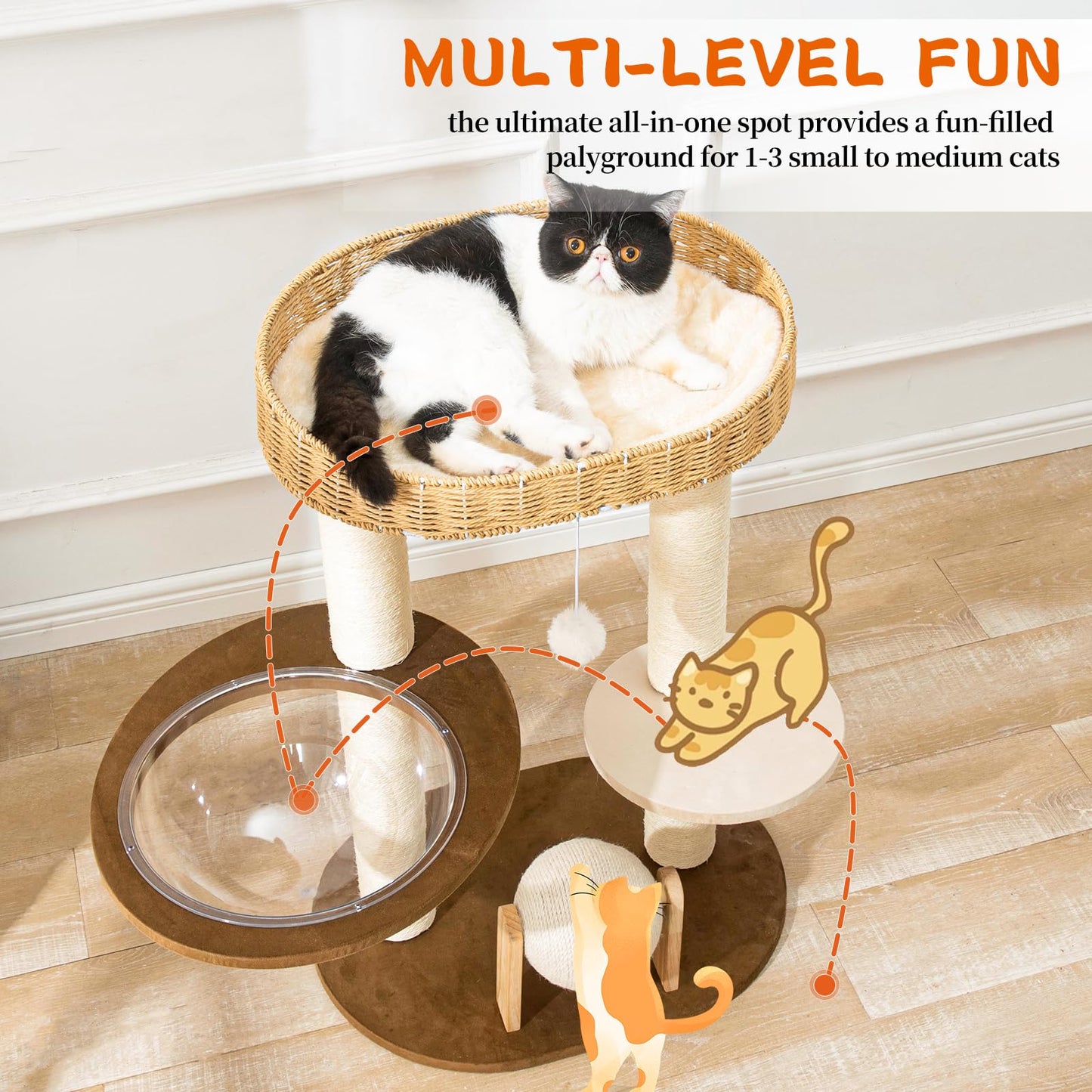 Modern Cat Tree for Indoor Cats, Wood Cat Tree with Natural Ball