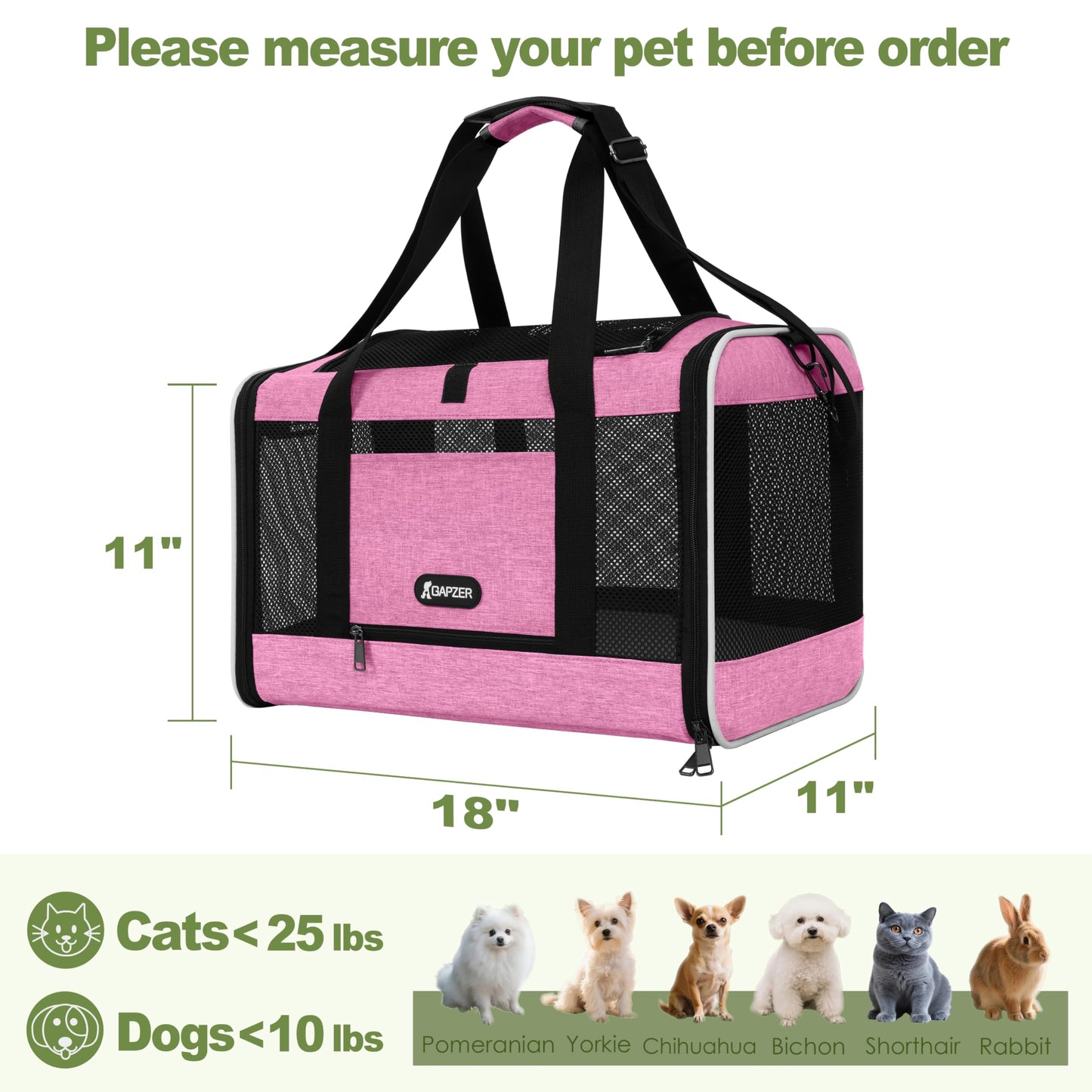 GAPZER Cat Carrier 18x11x11 Delta Airline Approved, Easy Load Bag