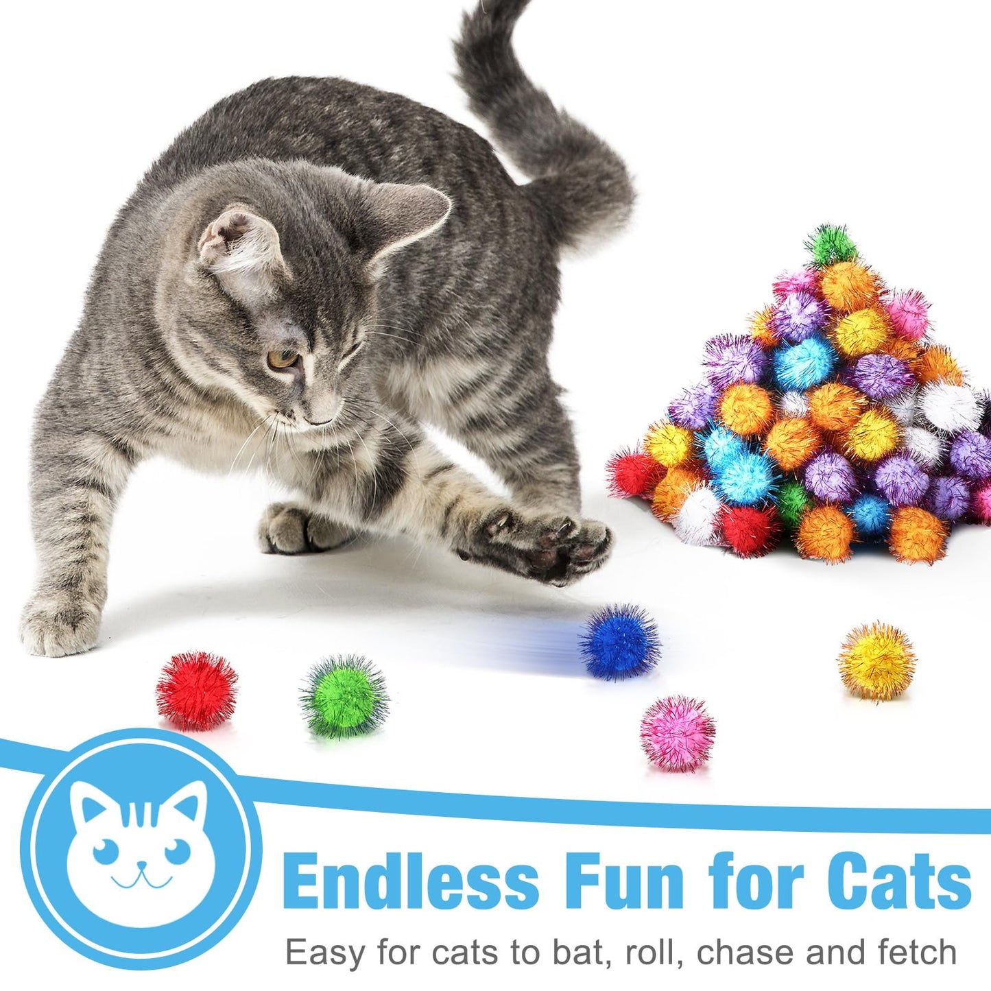 Poen 300 Pieces Cat Toy Fuzzy Balls Assorted Color Pom Pom Balls