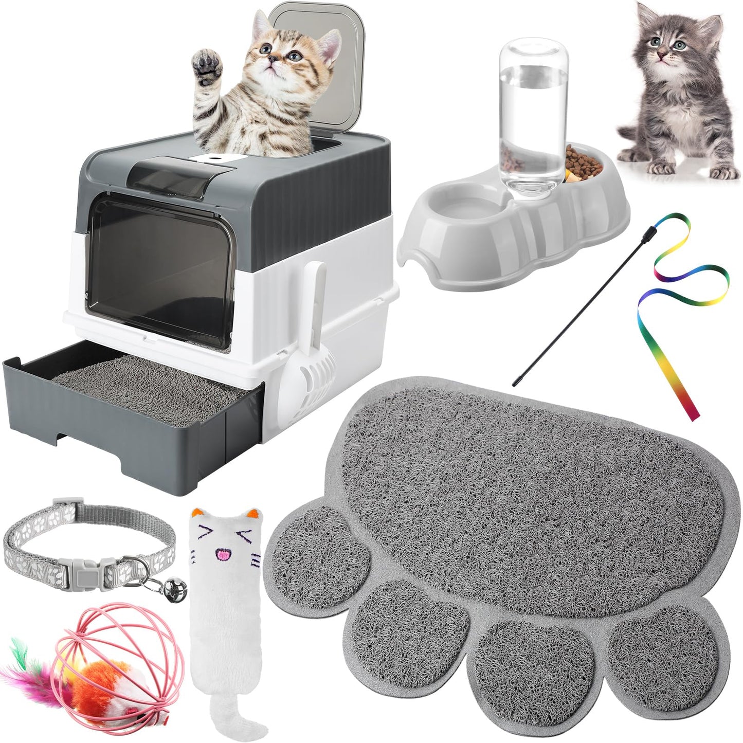 Tioncy 7 Pcs Small Cat Kitten Starter Kit Cat Litter Box with Mat