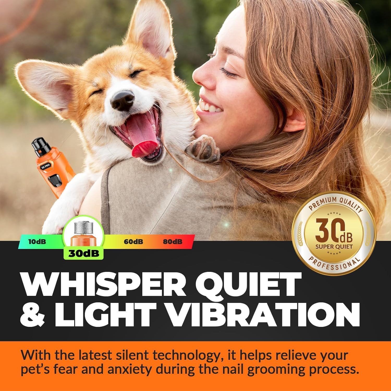 Whisper Quiet Dog Nail Grinder with 4 LED Lights, Safe Stress-Free Kit