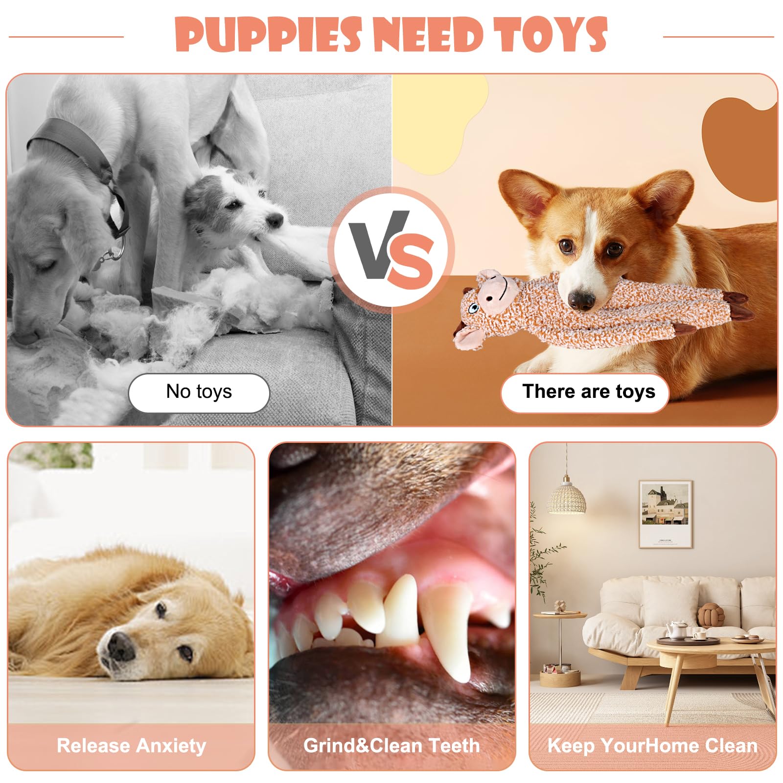3pack No Stuffing Dog Toys for Large Dogs, Plush Teething Toys Plush