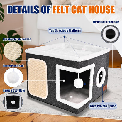 Felt Cat Cave Beds for Indoor Cats, Foldable Cat Hideaway with House