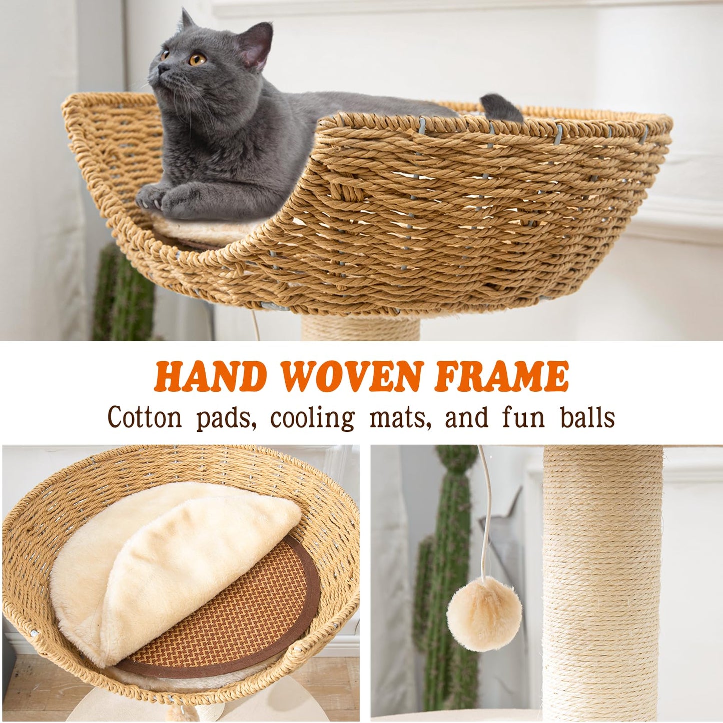 Natural Wood Modern Cat Tree with Top Cats Bed, Unique Cute Toy
