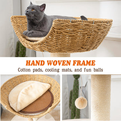 Natural Wood Modern Cat Tree with Top Cats Bed, Unique Cute Toy