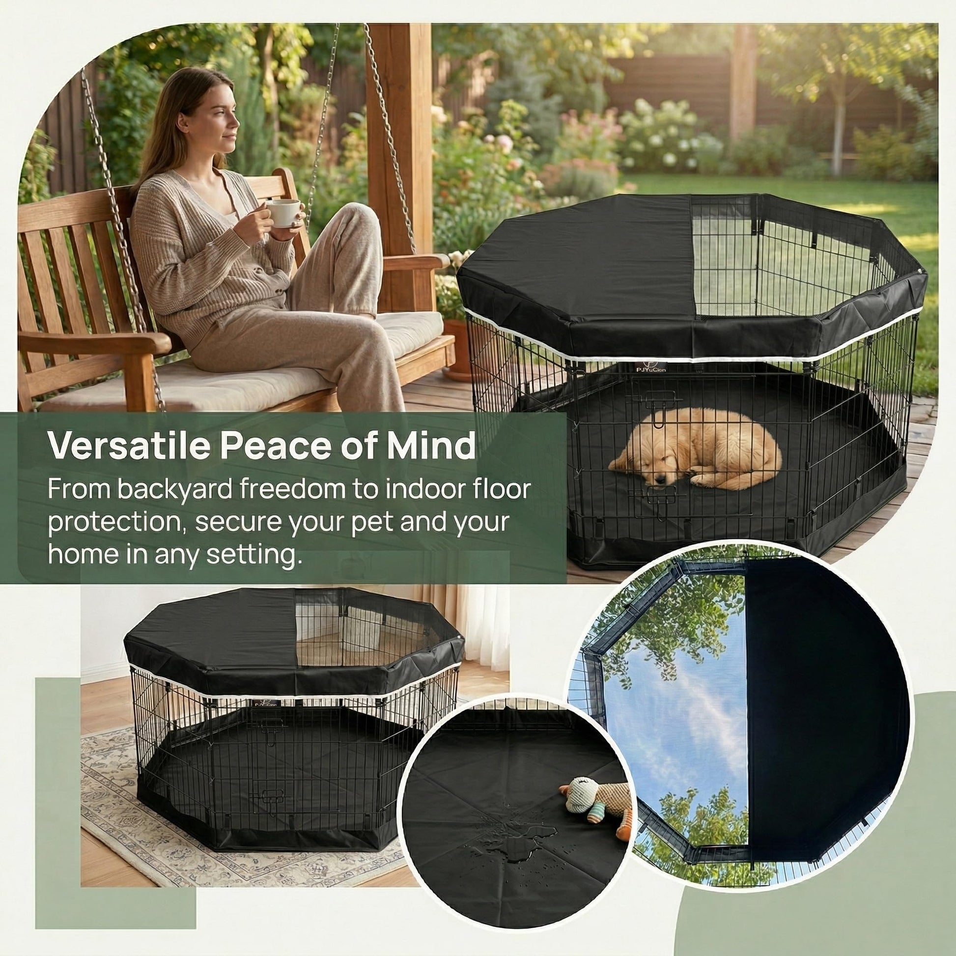 PJYuCien Dog Playpen with Top Cover and Bottom Pad Metal Cover