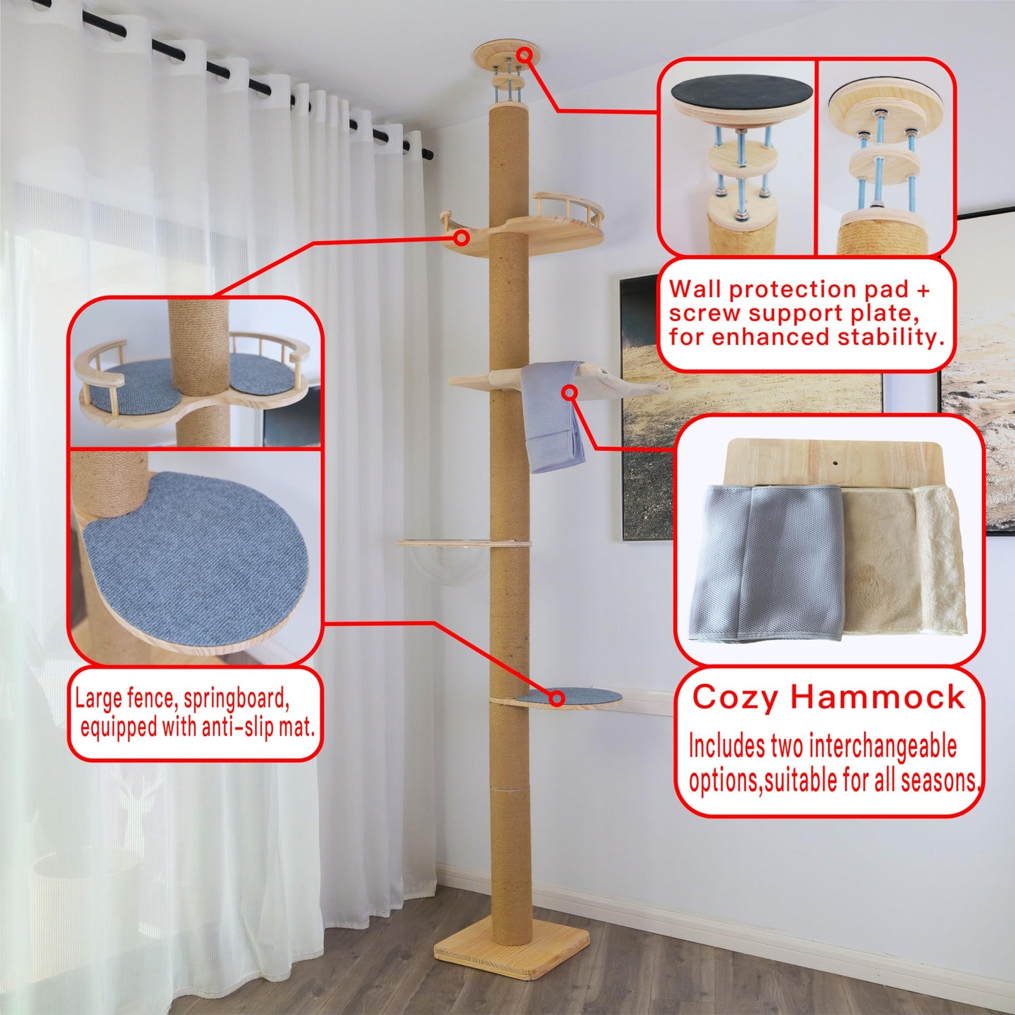 Floor-to-Ceiling Cat Tree with Natural Sisal Rope Scratching Post