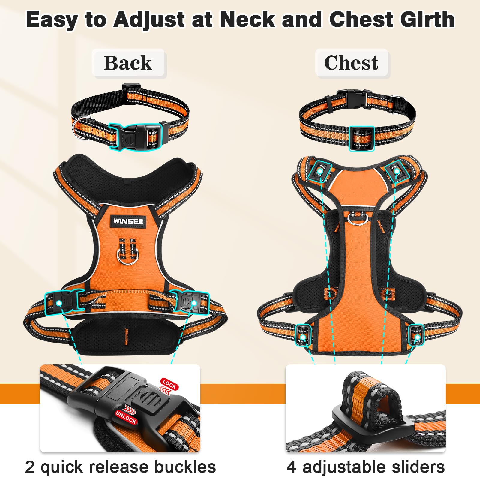 WINSEE Dog Harness No Pull, Pet Harnesses with Dog Collar, Collar
