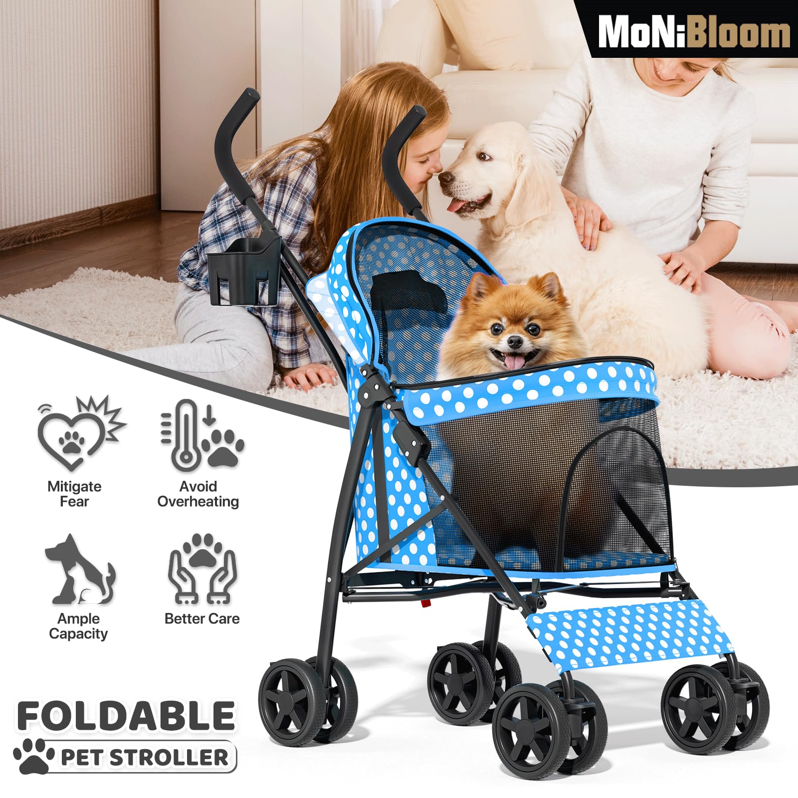 MoNiBloom 4 Wheels Pet Stroller, Easy-Fold Umbrella Shaped Bag